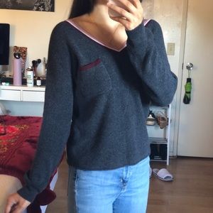 Grey stripe-trimmed v-neck sweater